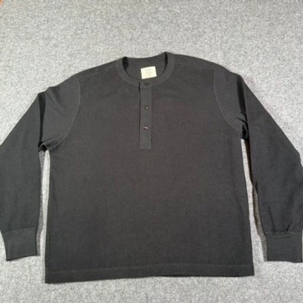 Buck Mason Mens Vintage Thermal Henley Black Waffle Knit Long Sleeve Shirt XL